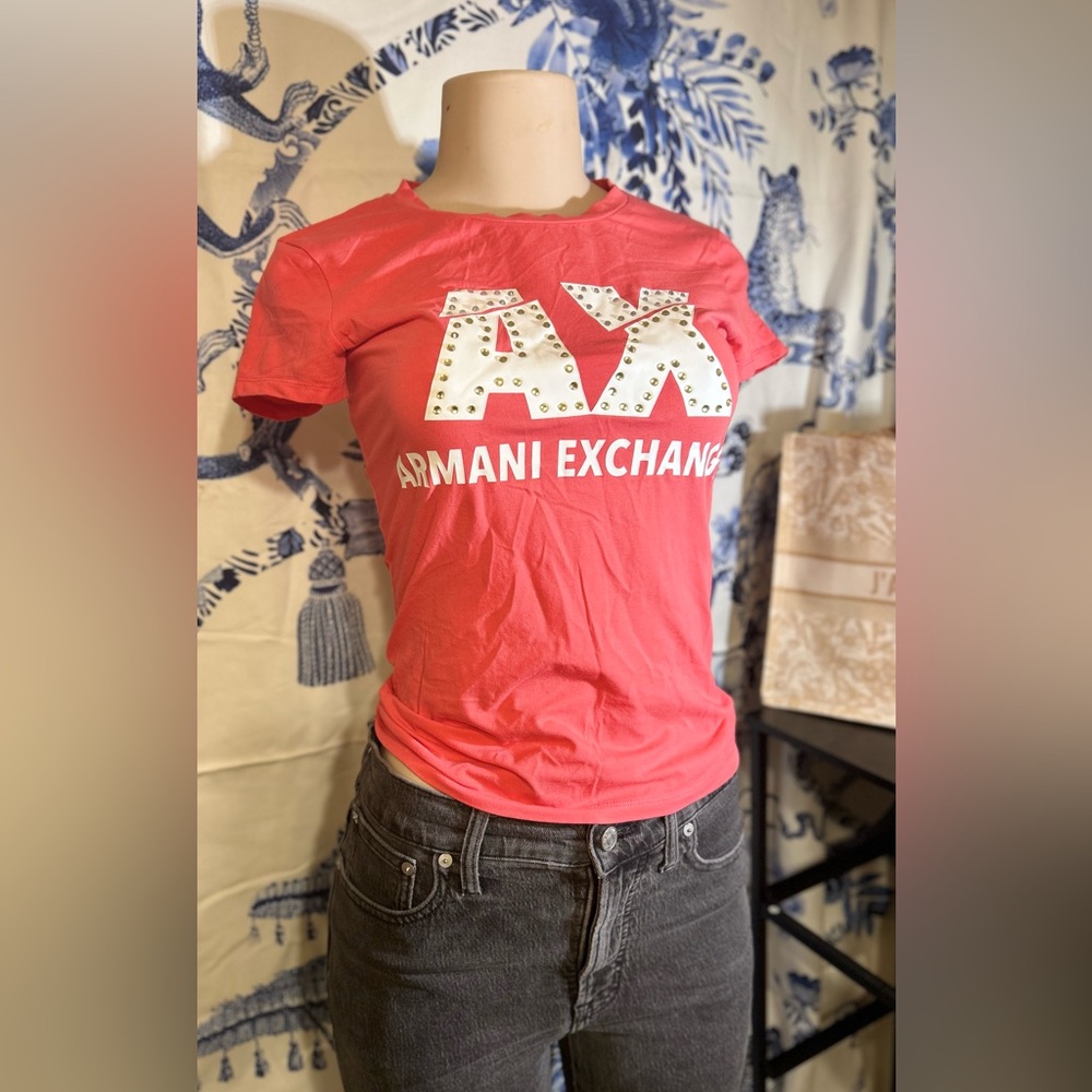 SALE-Armani Exchange Women's Coral Rhinestone Logo Tee